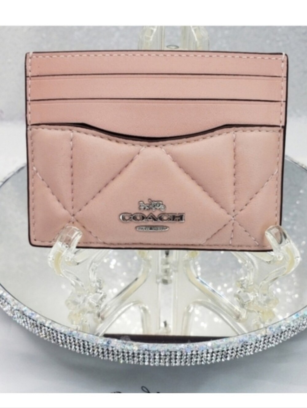 Coach Pink Slim Puffy Diamond Quilted ID Card Case in Smooth Nappa Leather